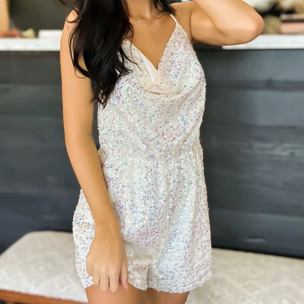 Sequin Romper. COWL NECK SEQUIN OPEN BACK ROMPER. Lace and Leather boutique
